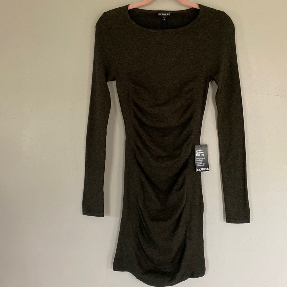 Express Ruched Sweater Dress - Olive Green - XS